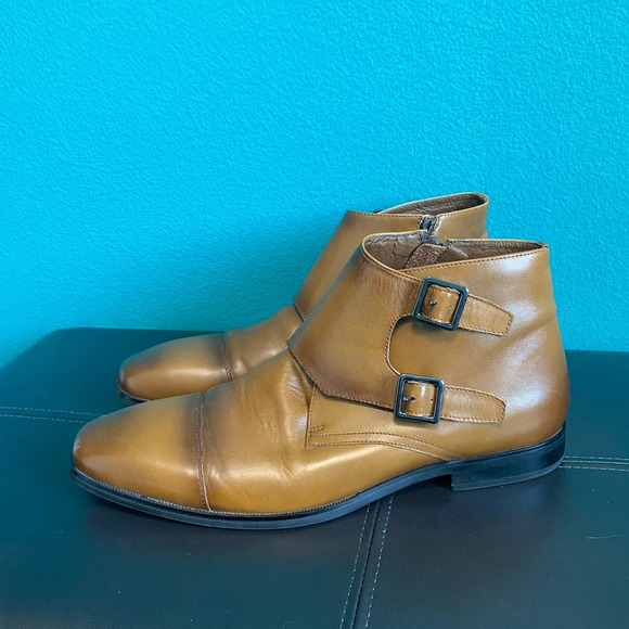 Express Men's Brown Leather Buckle Strap Ankle Boots Size 10 - Picture 3 of 12